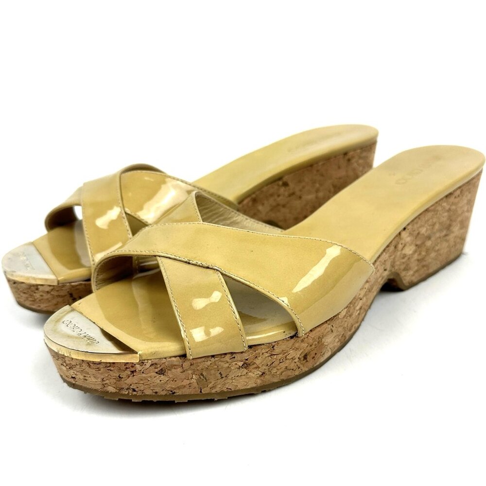 Jimmy Choo Yellow Patent Leather Cork Wedge Sandals